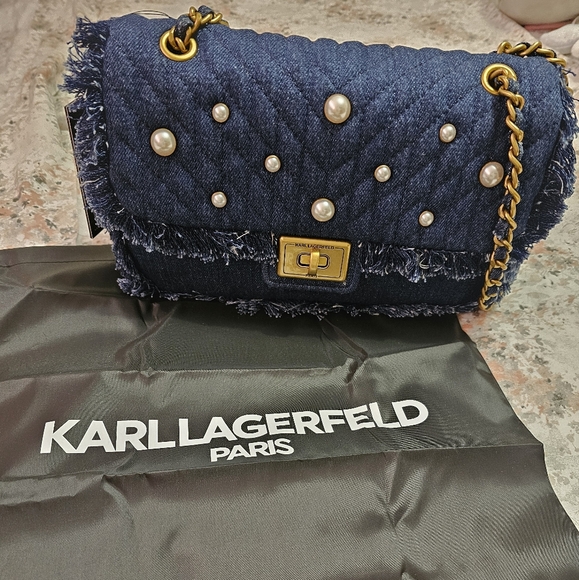 Karl Lagerfeld Handbags - Karl Lagerfeld Navy Quilted Denim Shoulder Bag with Pearls and Gold Chain